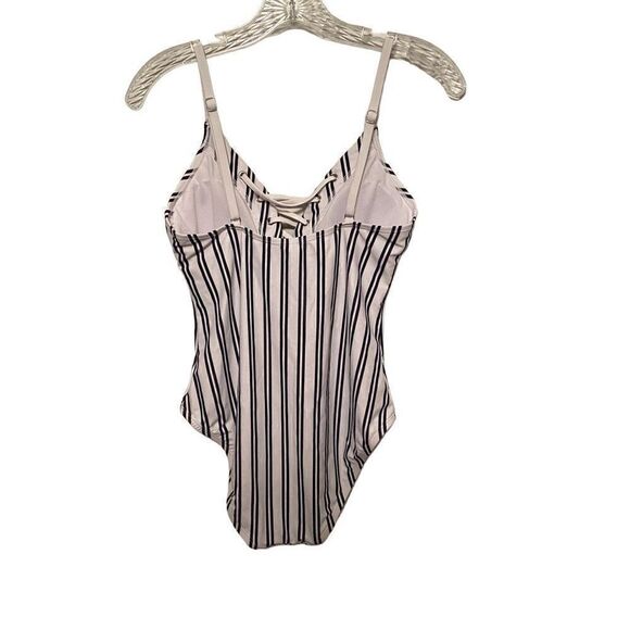 Nautica Slimming White One Piece Swimsuit Black Vertical Stripes Lace Up Large - Picture 2 of 4